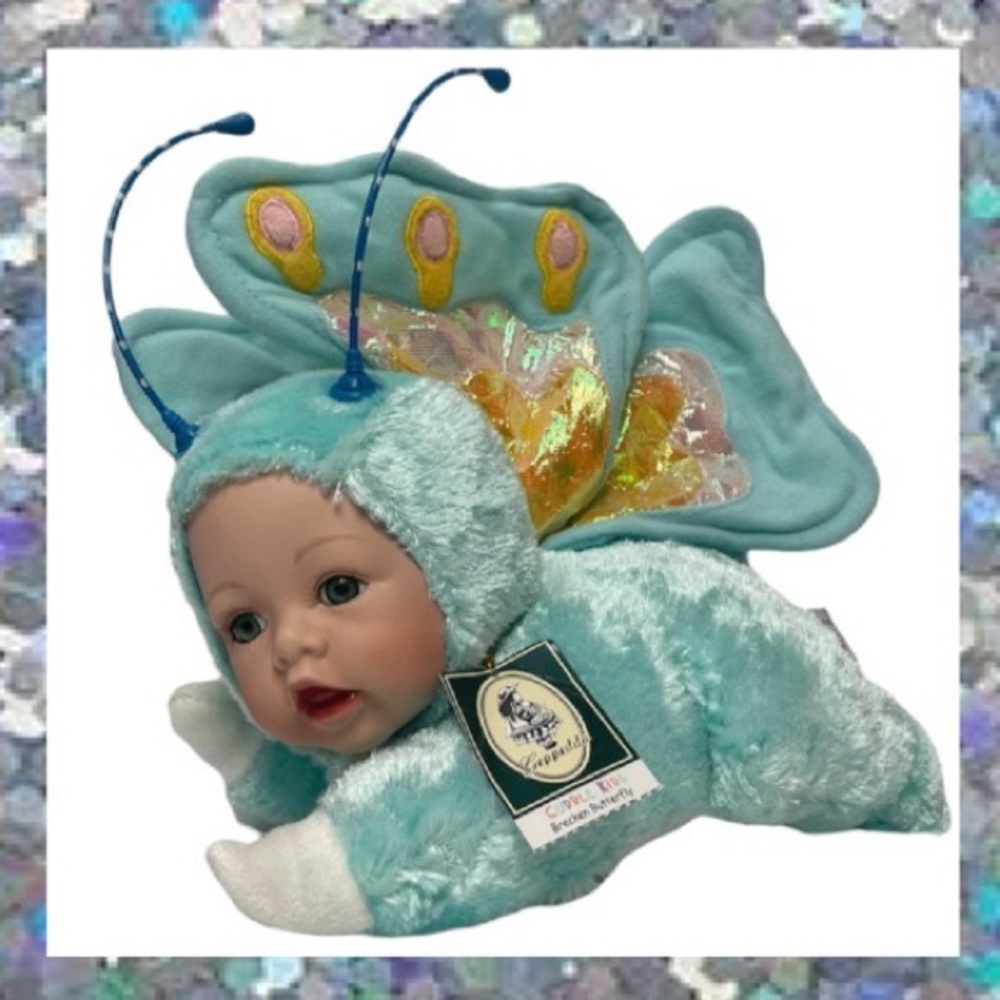 Vintage Butterfly Doll Soft Plush Brocken Porcelain Geppeddo Cuddle Kids Toys